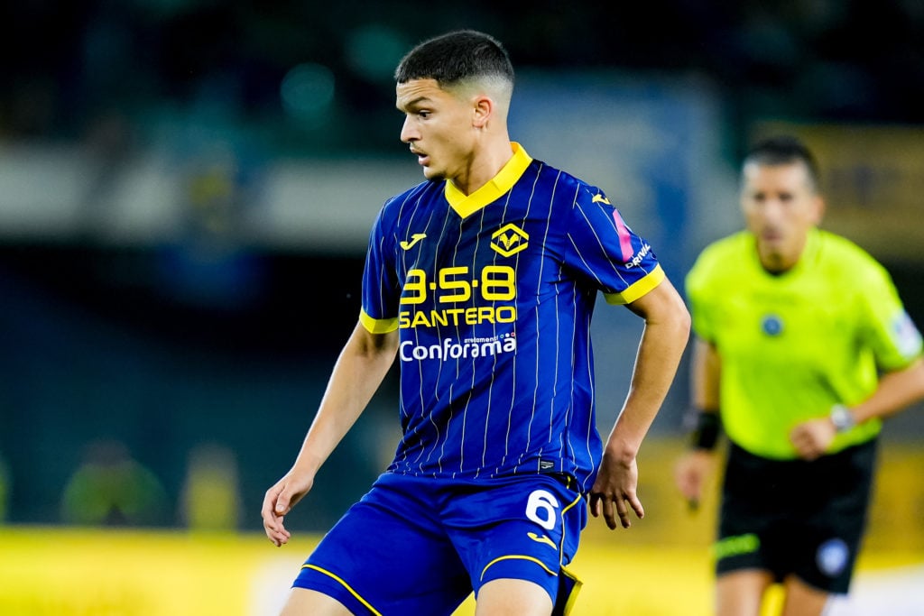 Reda Belahyane of Hellas Verona during the Serie A Enilive match between Hellas Verona and Torino FC at Stadio Marcantonio Bentegodi on September 2...