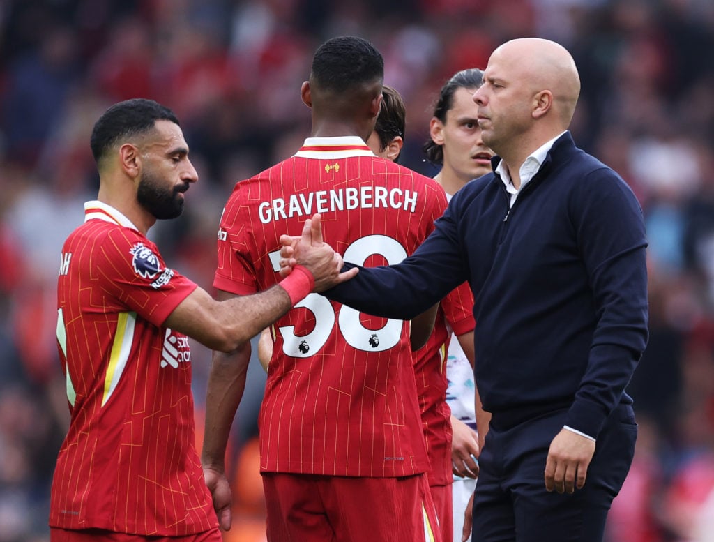 Mohamed Salah of Liverpool and Arne Slot, Manager of Liverpool, shale hands after the Premier League match between Liverpool FC and AFC Bournemouth...