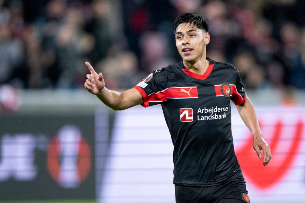 Midtjylland's Chilean forward #11 Dario Osorio celebrates scoring his team's first goal during the UEFA Europa League football match between FC Mid...