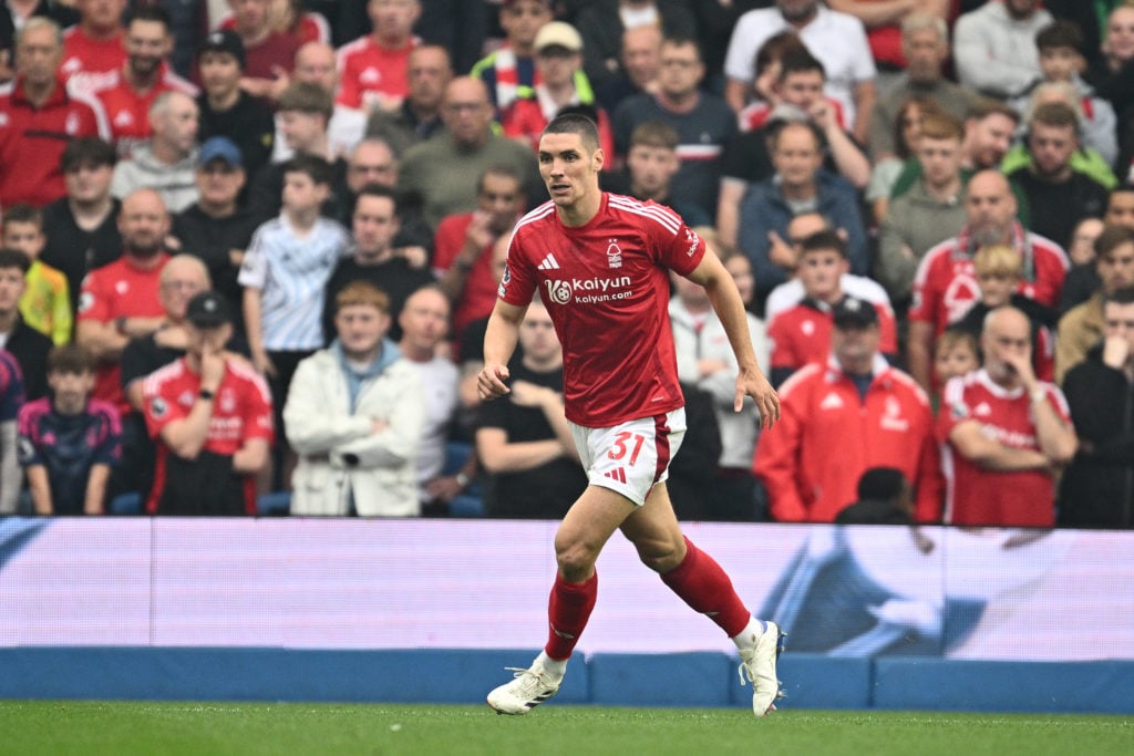 Nikola Milenkovic of Nottingham Forest F.C. during the Premier League match between Brighton & Hove Albion FC and Nottingham Forest FC at Amex ...