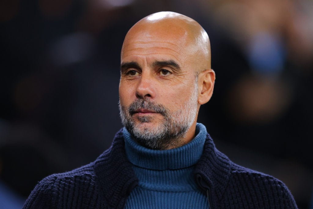 Josep 'Pep' Guardiola, manager of Manchester City, looks on during the Carabao Cup Third Round match between Manchester City and Watford  at Etihad...