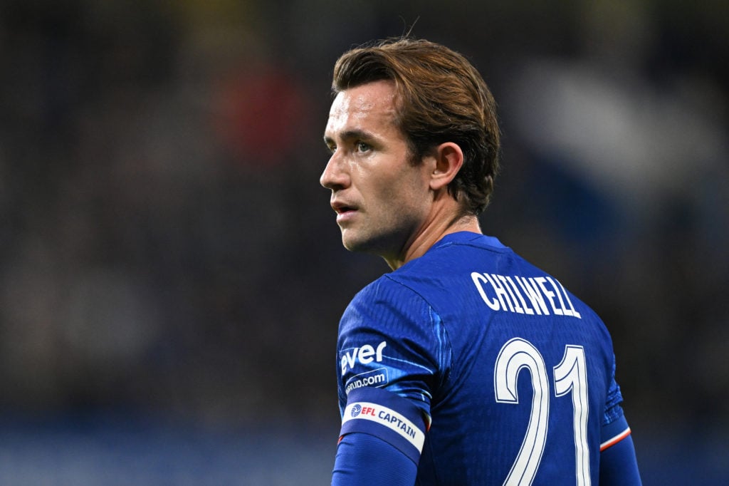 Ben Chilwell of Chelsea wears the captain's armband during the Carabao Cup Third Round match between Chelsea and Barrow at Stamford Bridge on Septe...