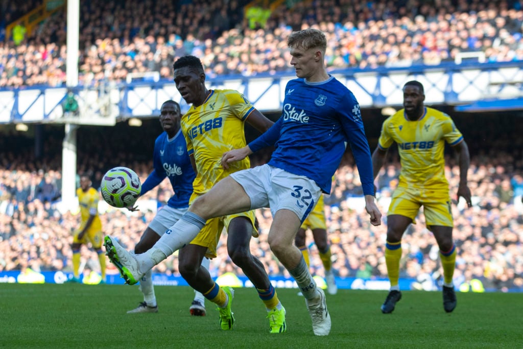 Jarrad Branthwaite #32 of Everton F.C clears the area during the Premier League match between Everton and Crystal Palace at Goodison Park in Liverp...