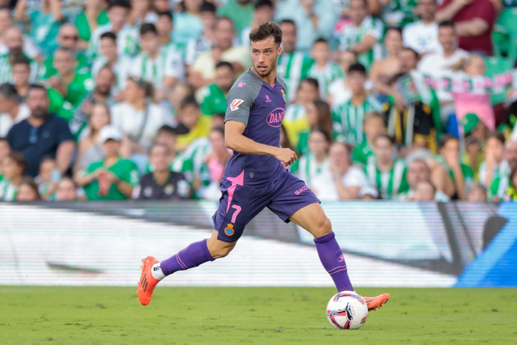 Javi Puado of RCD Espanyol runs with the ball during the La Liga EA Sports match between Real Betis and RCD Espanyol at Benito Villamarin in Sevill...