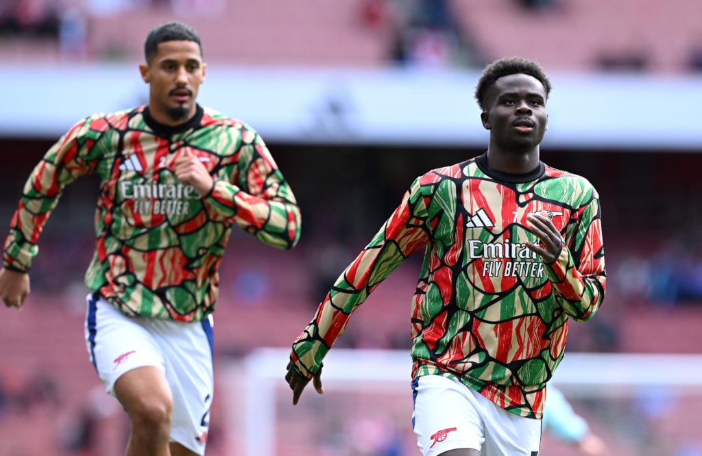 William Saliba and Bukayo Saka of Arsenal warm up prior to the Premier League match between Arsenal FC and Leicester City FC at Emirates Stadium on...