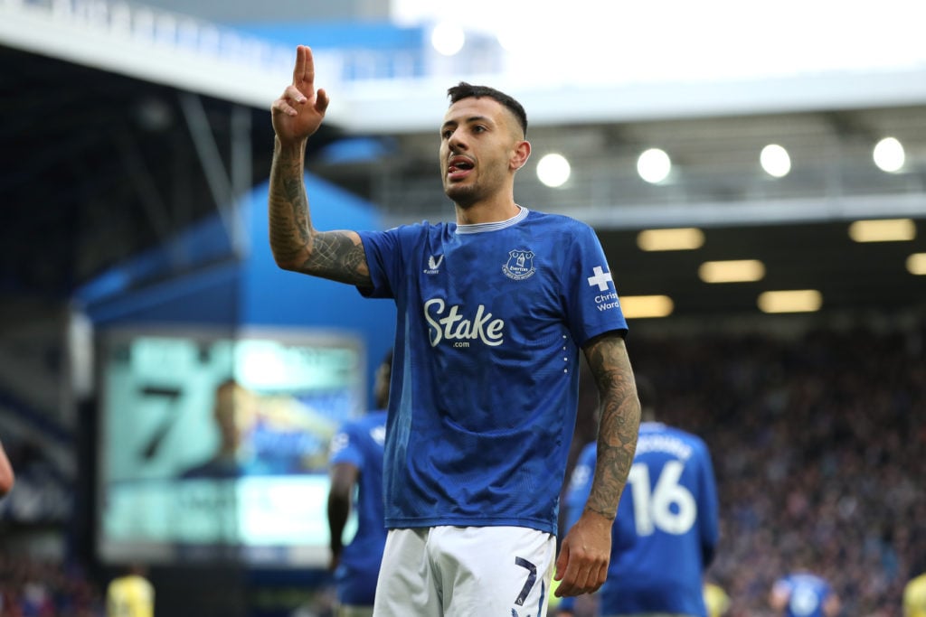 Dwight McNeil of Everton celebrates scoring his team's second goal during the Premier League match between Everton FC and Crystal Palace FC at Good...