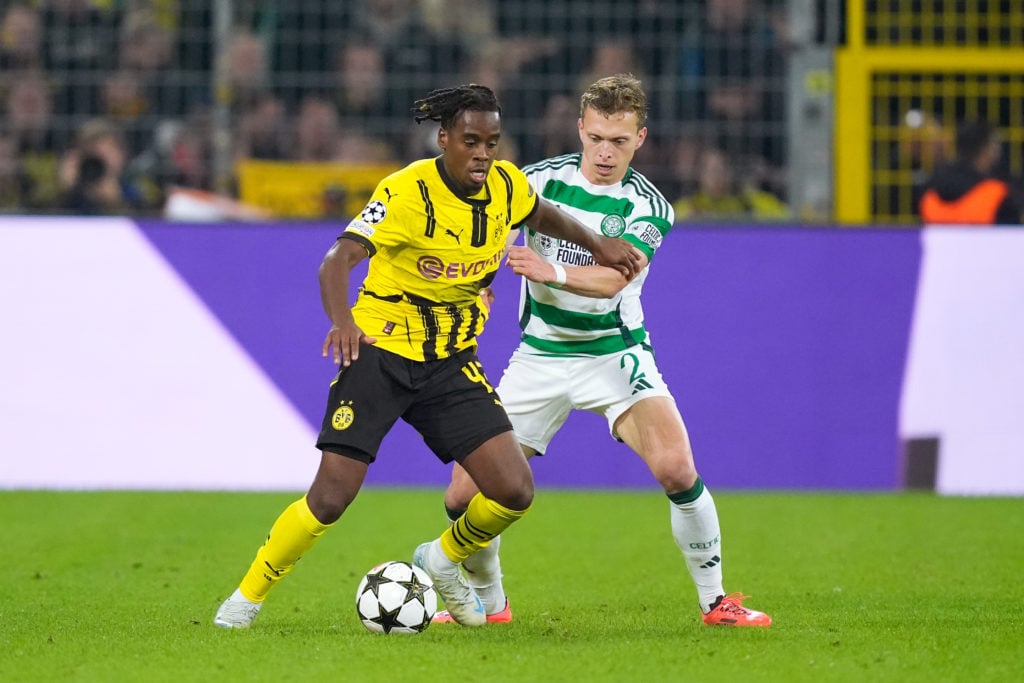 (L-R) Jamie Bynoe Gittens of Borussia Dortmund, Alistair Johnston of Celtic  during the UEFA Champions League  match between Borussia Dortmund v Ce...