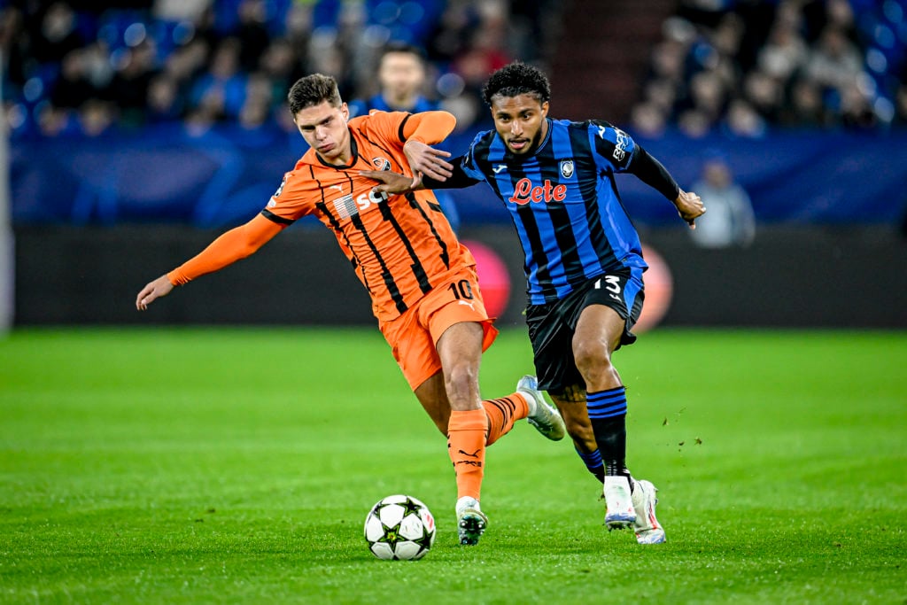 Shakhtar midfielder Georgiy Sudakov and Atalanta midfielder Ederson play during the match between Shakhtar and Atalanta at the Arena AufSchalke for...