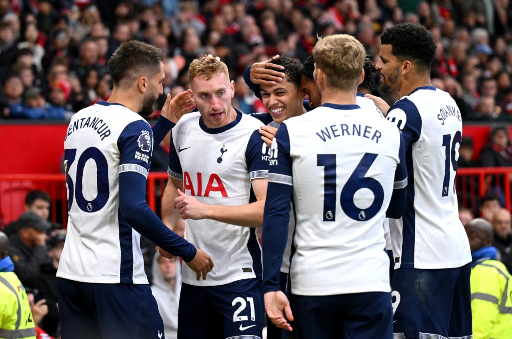 Dejan Kulusevski of Tottenham Hotspur celebrates scoring his team's second goal with teammates during the Premier League match between Manchester U...