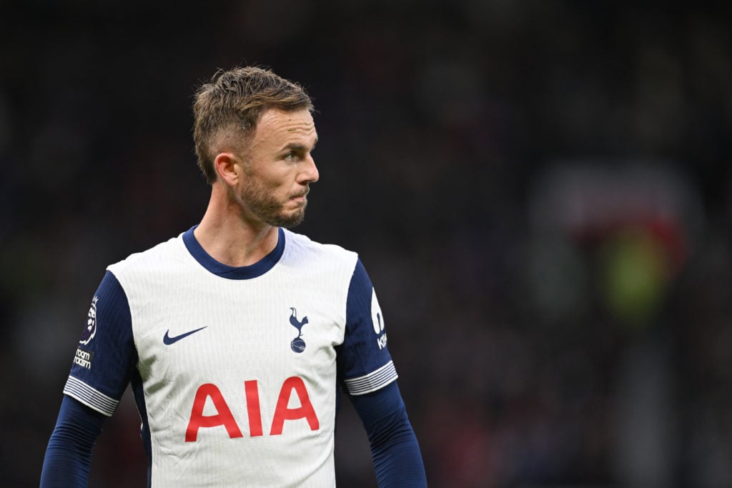 James Maddison of Tottenham looks on during the Premier League match between Manchester United FC and Tottenham Hotspur FC at Old Trafford on Septe...