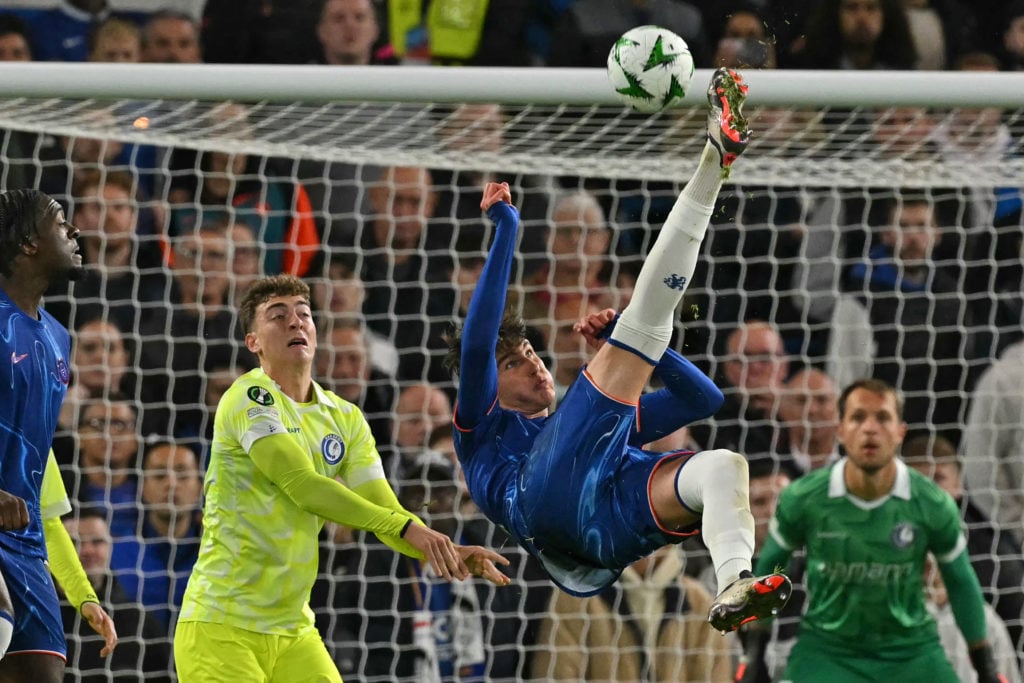 Chelsea's Italian midfielder #31 Cesare Casadei attempts a bicycle kick during the UEFA Conference League, league phase, football match between Che...