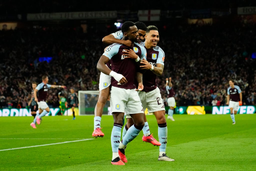 Jhon Duran centre-forward of Aston Villa and Colombia celebrates after scoring his sides first goal during the UEFA Champions League 2024/25 League...