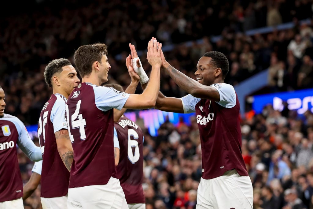 Jhon Duran of Aston Villa celebrates after scoring his team's first goal with teammates after the UEFA Champions League 2024/25 League Phase MD2 ma...