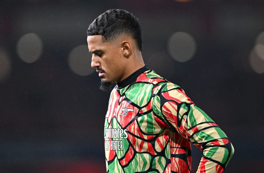 William Saliba of Arsenal looks on during the warm up prior to  during the UEFA Champions League 2024/25 League Phase MD2 match between Arsenal FC ...