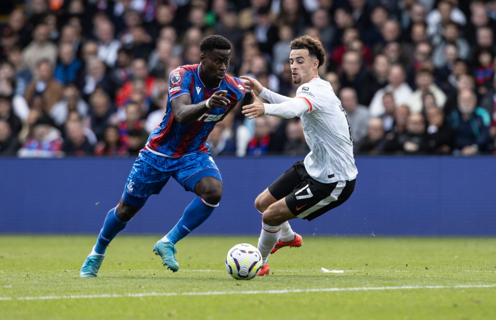 Crystal Palace defender Marc Guehi in action against Liverpool
