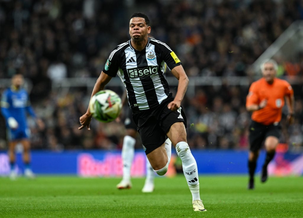 William Osula of Newcastle United (18) chases after the ball during the Carabao Cup Third Round match between Newcastle United and AFC Wimbledon at...