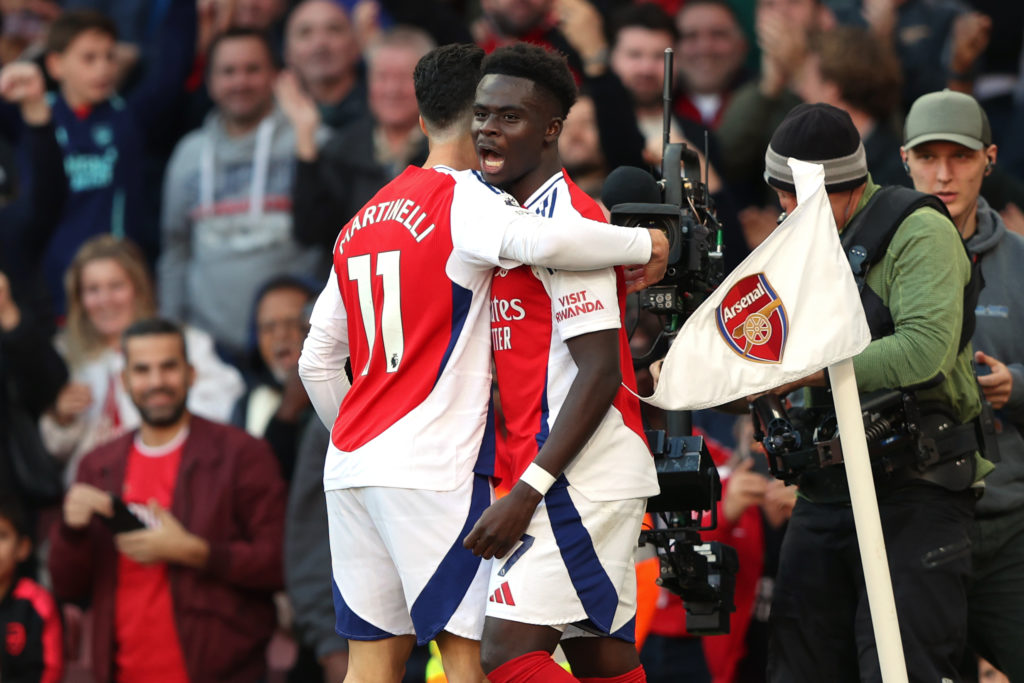 Bukayo Saka of Arsenal celebrates after scoring the third goal for his team during the Premier League match between Arsenal FC and Southampton FC ...
