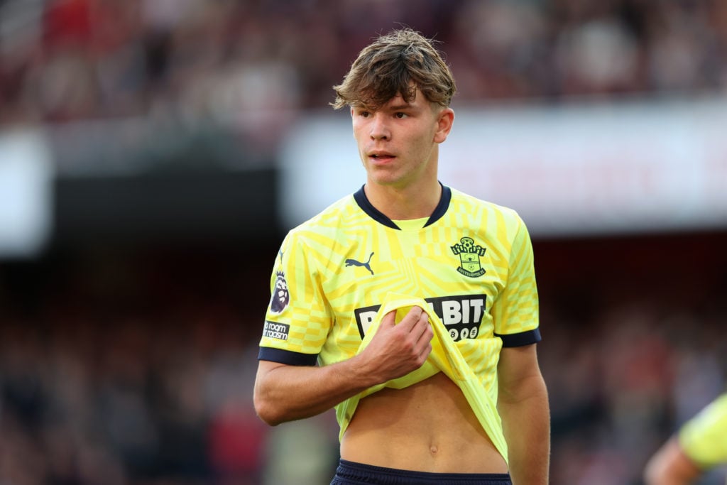 Tyler Dibling of Southampton during the Premier League match between Arsenal FC and Southampton FC at Emirates Stadium on October 5, 2024 in London...