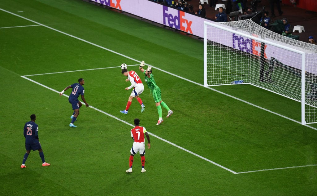 Kai Havertz of Arsenal scores his team's first goal past Gianluigi Donnarumma of Paris Saint-Germain during the UEFA Champions League 2024/25 Leagu...