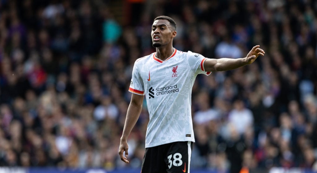 Liverpool's Ryan Gravenberch gestures during the Premier League match between Crystal Palace FC and Liverpool FC at Selhurst Park on October 05, 20...