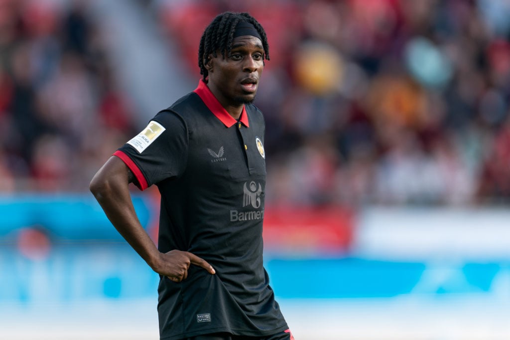 Jeremie Frimpong of Bayer 04 Leverkusen looks on during the Bundesliga match between Bayer 04 Leverkusen and Holstein Kiel at BayArena on October 5...