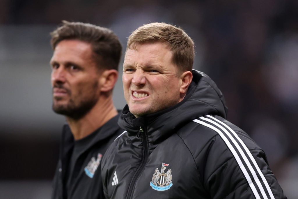 Eddie Howe, Manager of Newcastle United, reacts during the Carabao Cup Third Round match between Newcastle United and AFC Wimbledon at St James' Pa...