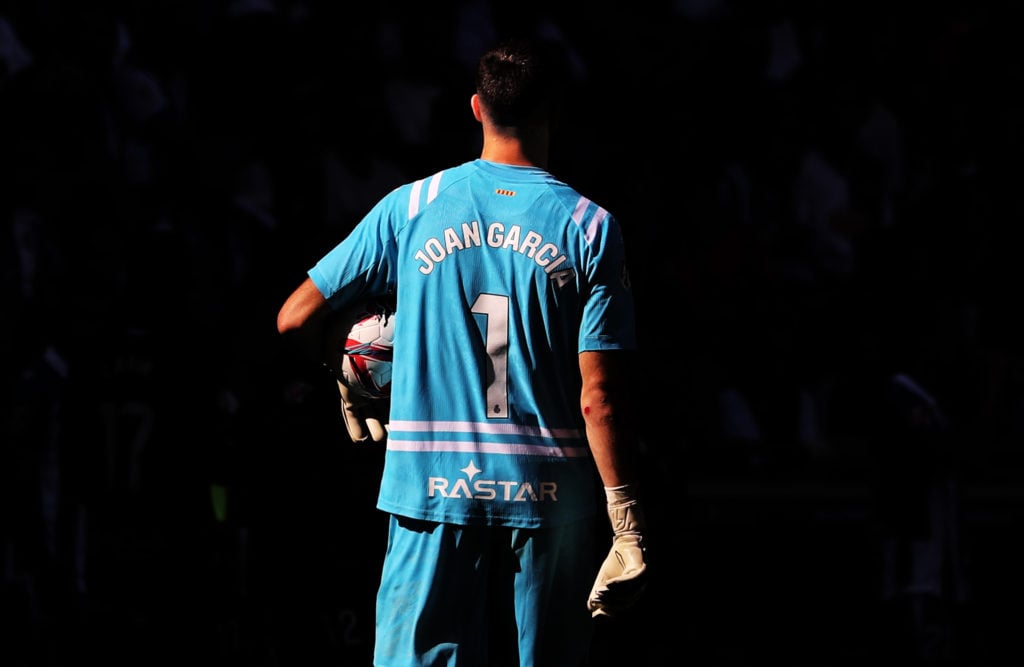 Joan Garcia plays during the match between RCD Espanyol and RCD Mallorca in week 9 of LaLiga EA Sports at the RCDE Stadium in Barcelona, Spain, on ...