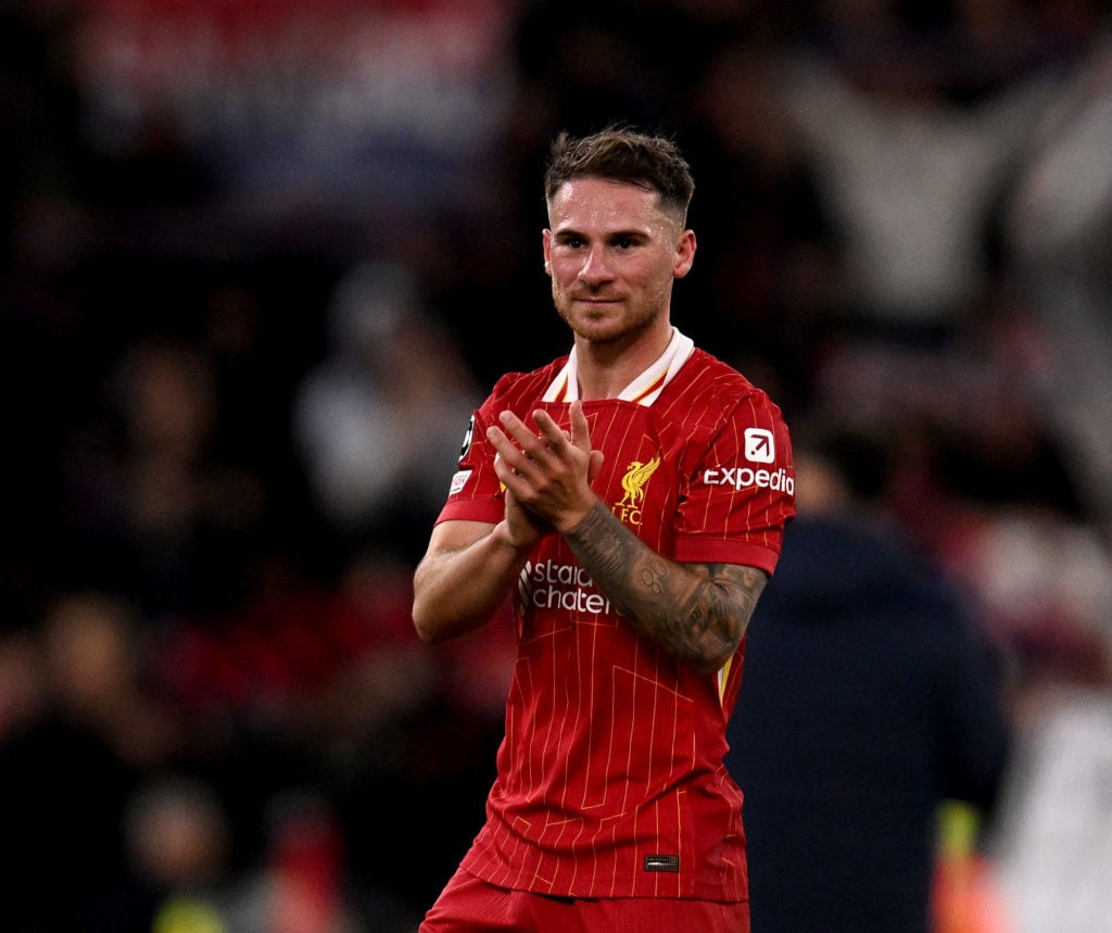 (THE SUN OUT, THE SUN ON SUNDAY OUT) Alexis Mac Allister of Liverpool showing his appreciation to the fans at the end of the UEFA Champions League ...