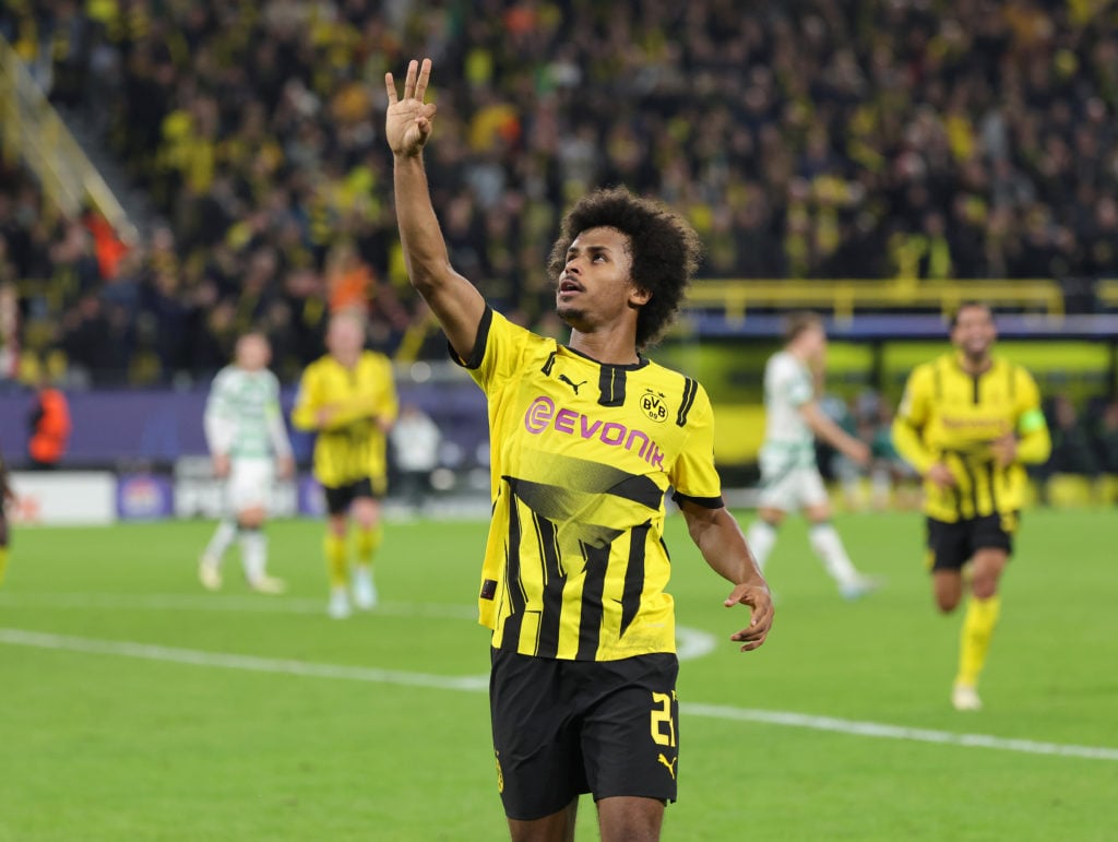 Karim Adeyemi of Borussia Dortmund celebrates the teams fifth goal to the 5:1 his third goal during the UEFA Champions League 2024/25 League Phase ...