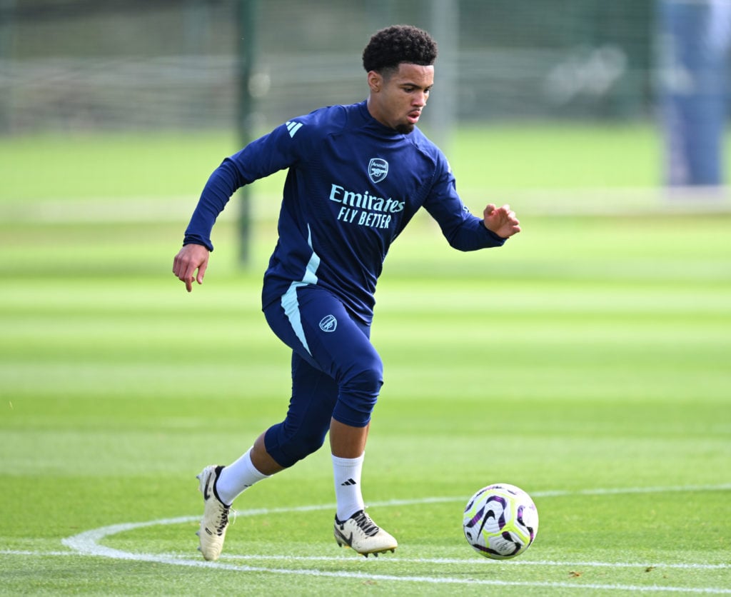 Ethan Nwaneri of Arsenal during a training session at Sobha Realty Training Centre on October 03, 2024 in London Colney, England.