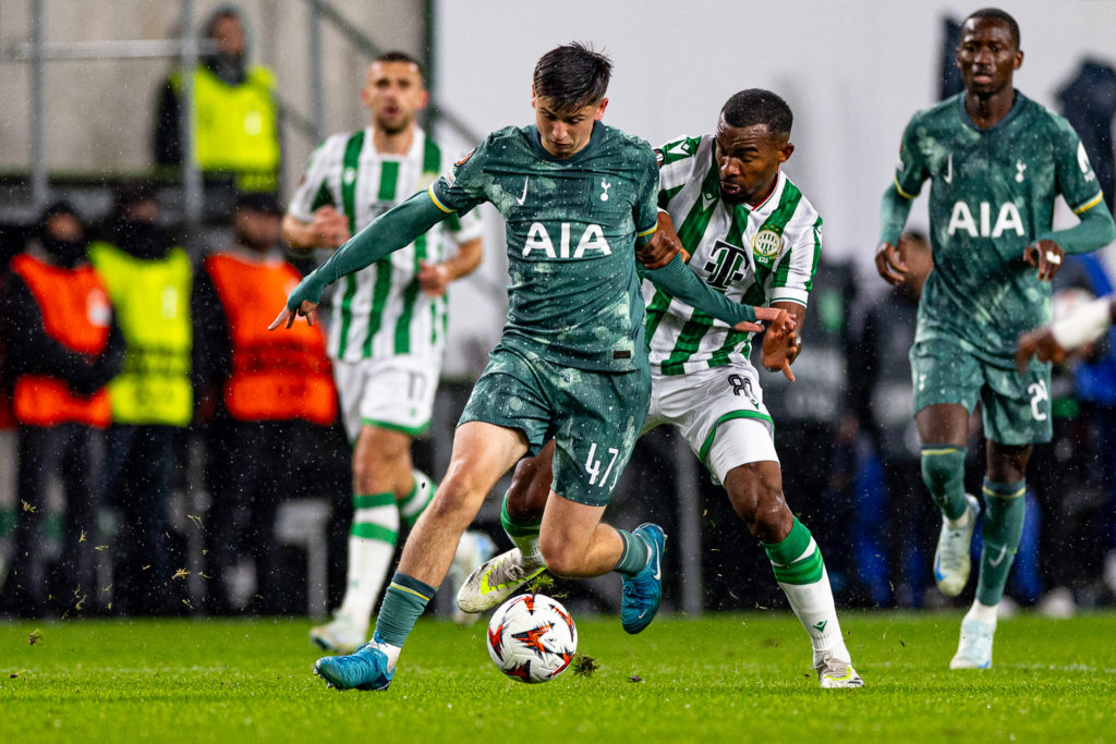 Mikey Moore of Tottenham in Duel with Habib Maiga of Ferencvarosi TC during the UEFA Europa League 2024/25 League Phase MD2 match between Ferencvar...
