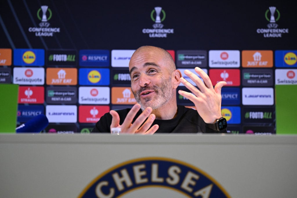 Enzo Maresca, Manager of Chelsea, speaks to the media in a post match press conference at full-time following the UEFA Conference League 2024/25 Le...