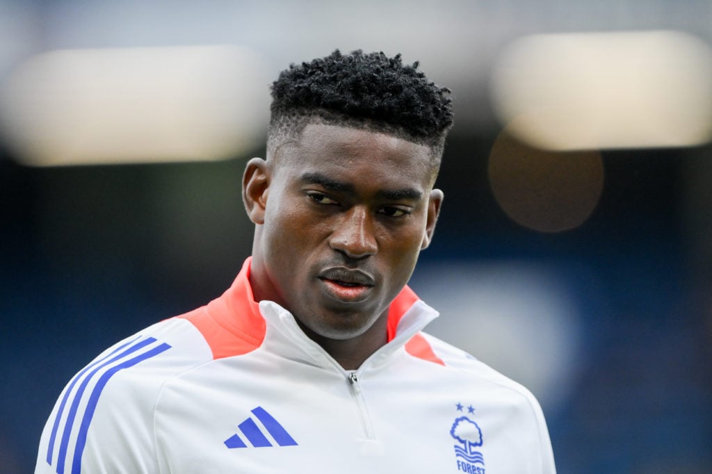 Taiwo Awoniyi of Nottingham Forest participates in the Premier League match between Chelsea and Nottingham Forest at Stamford Bridge in London, Eng...