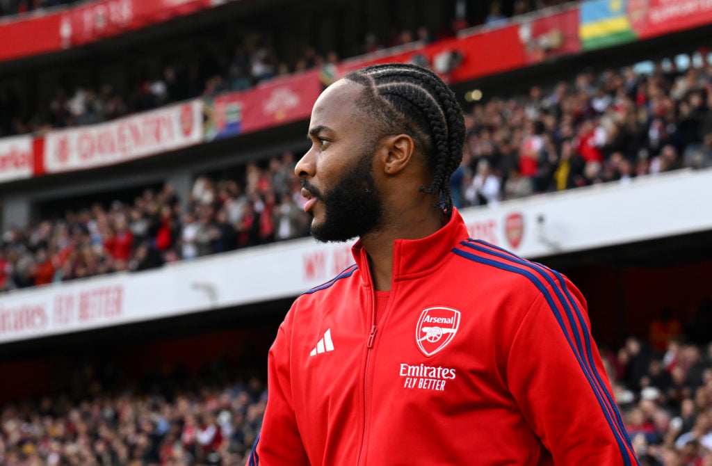 Raheem Sterling of Arsenal looks on prior to the Premier League match between Arsenal FC and Southampton FC at Emirates Stadium on October 05, 2024...