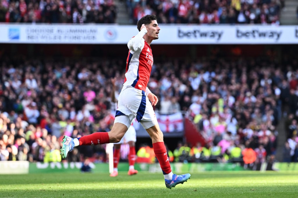 Kai Havertz of Arsenal celebrates scoring his team's first goal  during the Premier League match between Arsenal FC and Southampton FC at Emirates ...