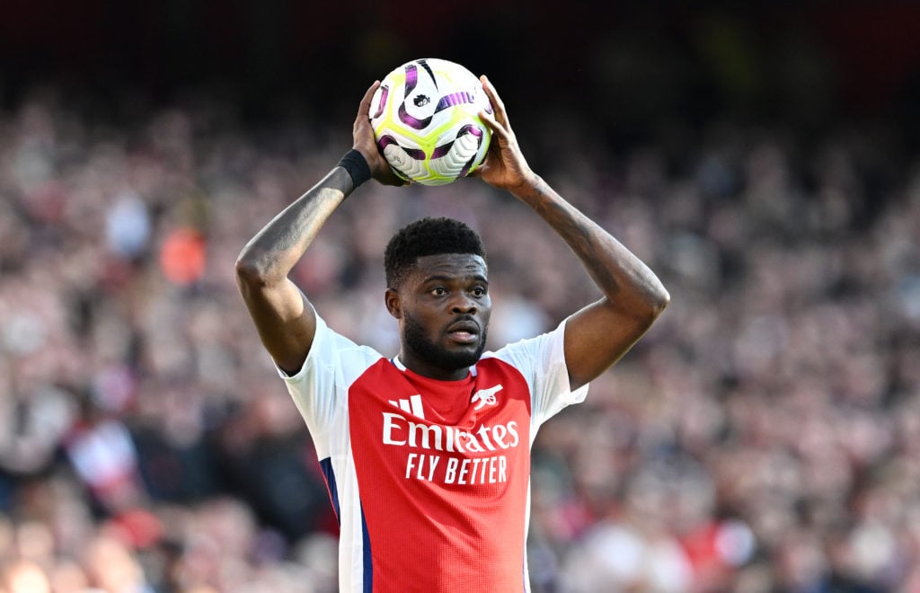 Thomas Partey of Arsenal prepares to take a throw in during the Premier League match between Arsenal FC and Southampton FC at Emirates Stadium on O...