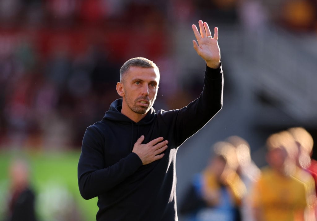 Gary O'Neil manager / head coach of Wolverhampton Wanderers acknowledges the fans and holds his hands up after the Premier League match between Bre...