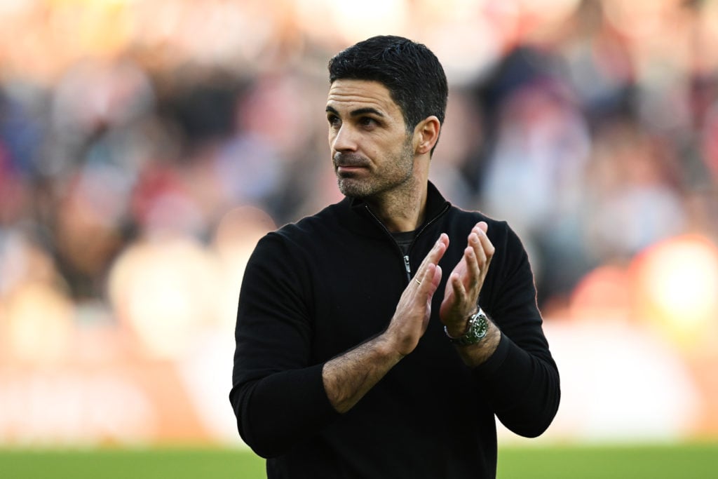 Mikel Arteta, Manager of Arsenal, acknowledges the fans after the Premier League match between Arsenal FC and Southampton FC at Emirates Stadium on...