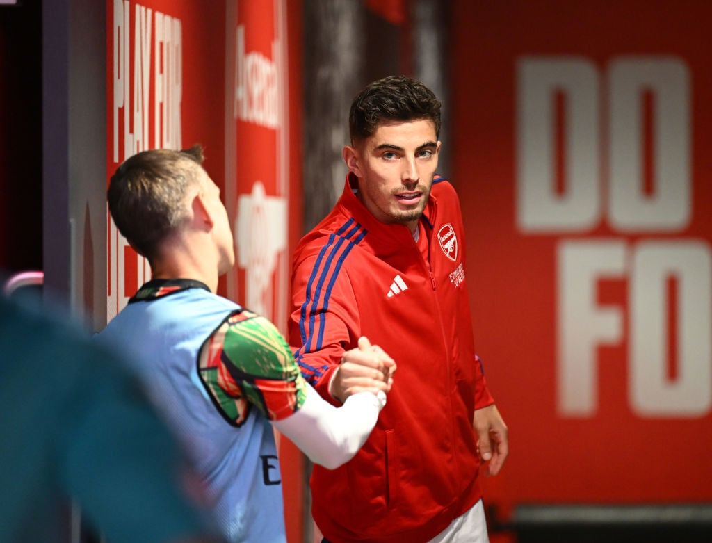 Leandro Trossard and Kai Havertz of Arsenal before the Premier League match between Arsenal FC and Southampton FC at Emirates Stadium on October 05...