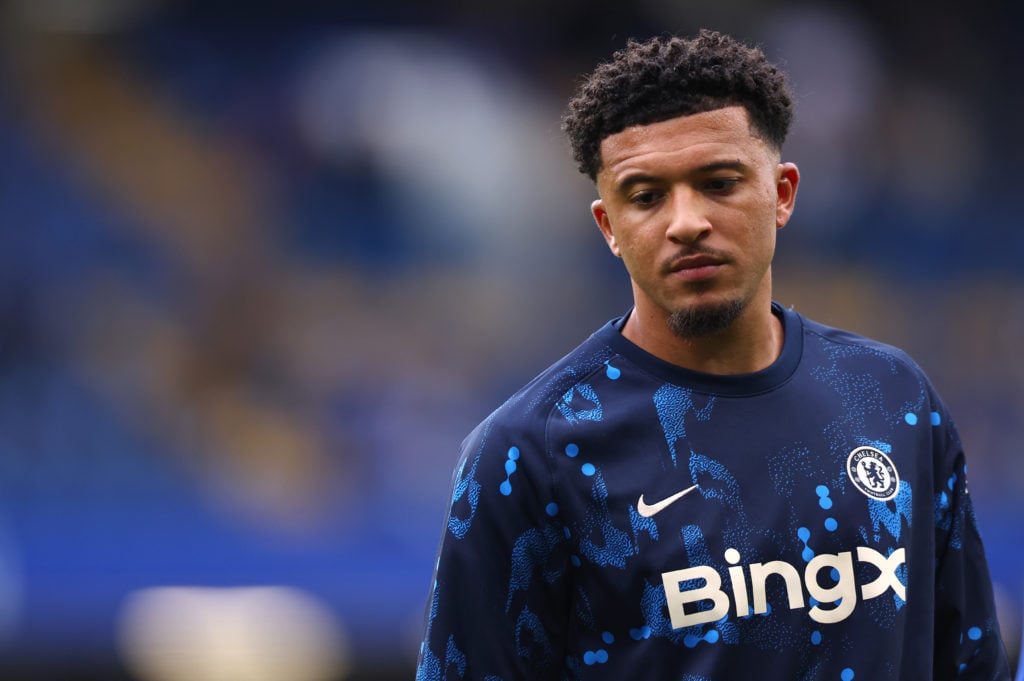 Jadon Sancho of Chelsea FC warms up ahead of the Premier League match between Chelsea FC and Nottingham Forest FC at Stamford Bridge on October 06,...