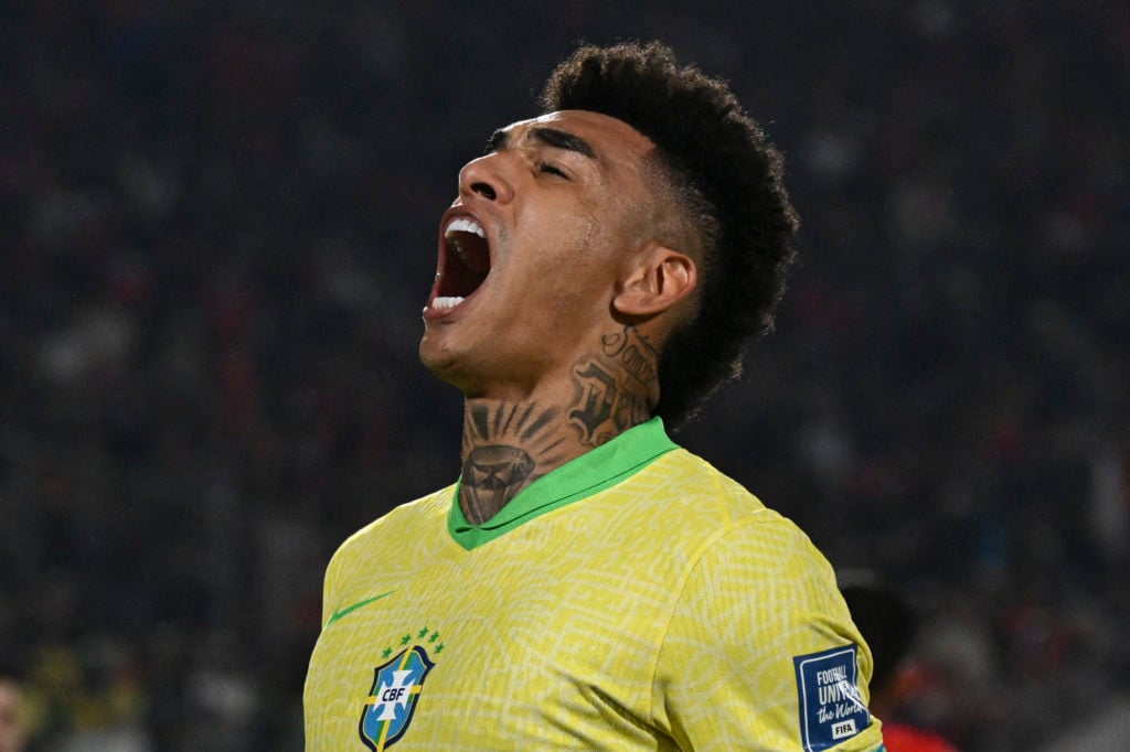 TOPSHOT - Brazil's forward Igor Jesus celebrates scoring his team's first goal during the 2026 FIFA World Cup South American qualifiers football ma...