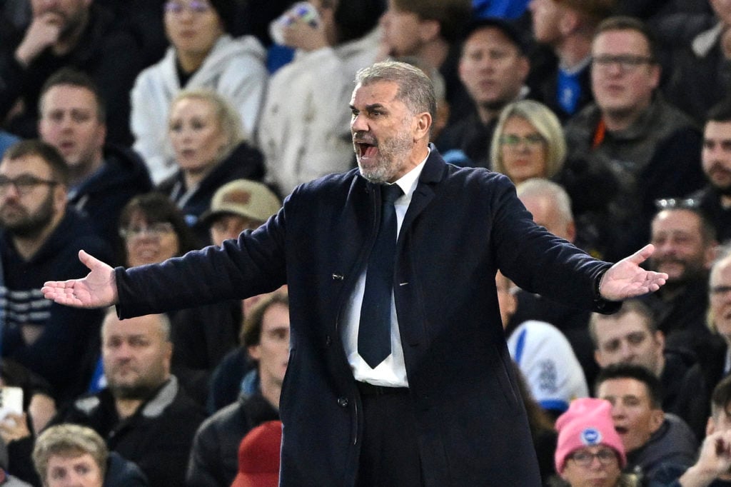 Ange Postecoglou, Manager of Tottenham Hotspur, reacts during the Premier League match between Brighton & Hove Albion FC and Tottenham Hotspur ...