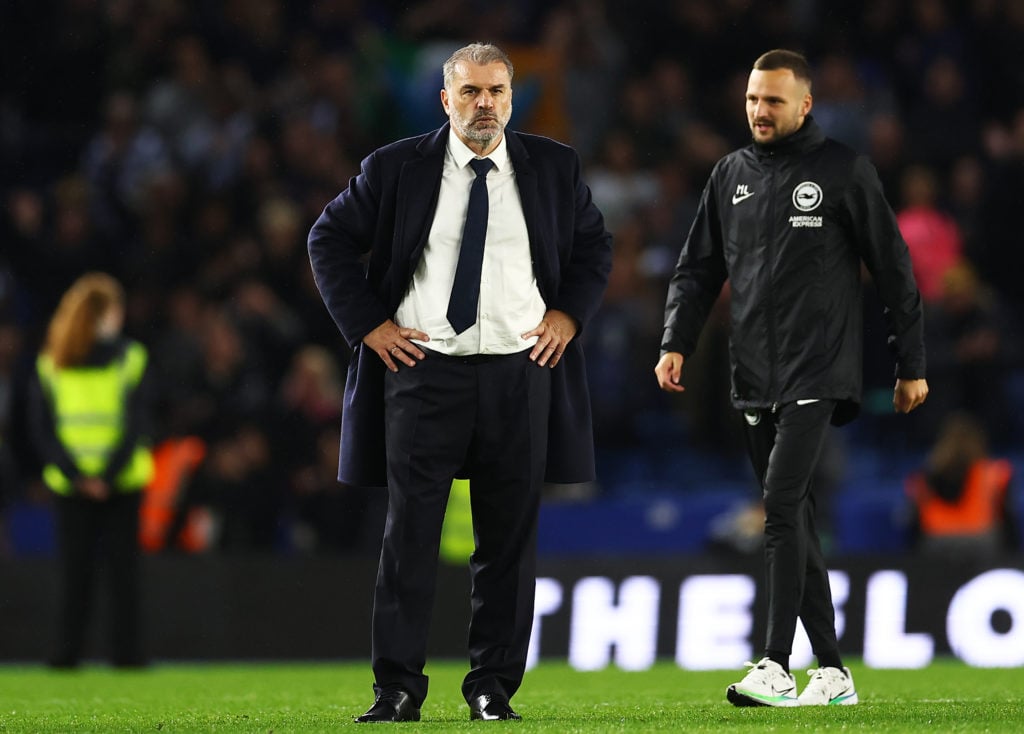 Ange Postecoglou, Manager of Tottenham Hotspur, shows dejection after the Premier League match between Brighton & Hove Albion FC and Tottenham ...