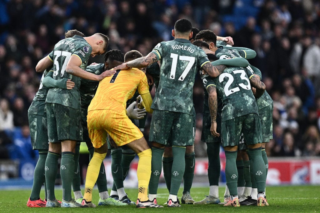 Guglielmo Vicario of Tottenham Hotspur FC team huddle talk during the Premier League match between Brighton & Hove Albion FC and Tottenham Hots...