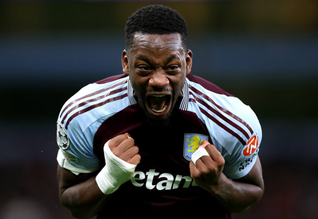 Jhon Duran of Aston Villa celebrates the team's victory at full time during the UEFA Champions League 2024/25 League Phase MD2 match between Aston ...