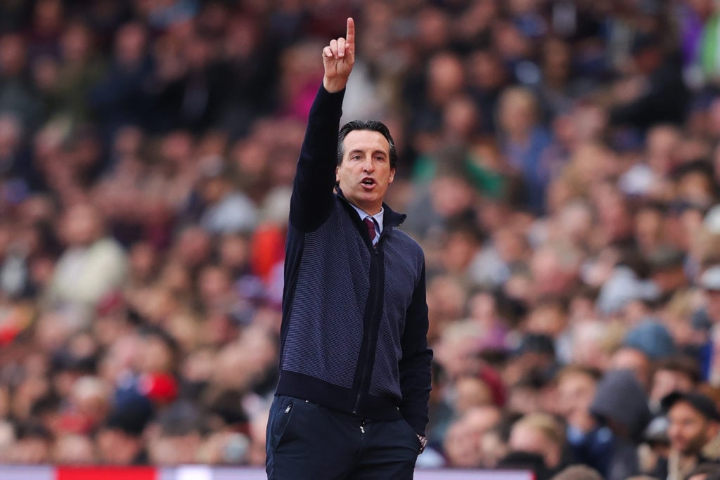 Unai Emery, manager of Aston Villa, issues instructions during the Premier League match between Aston Villa FC and Manchester United FC at Villa Pa...