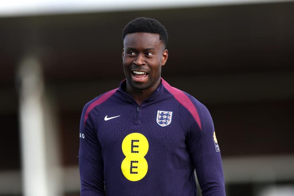 Marc Guehi of England reacts during a training session at St George's Park on October 07, 2024 in Burton upon Trent, England.