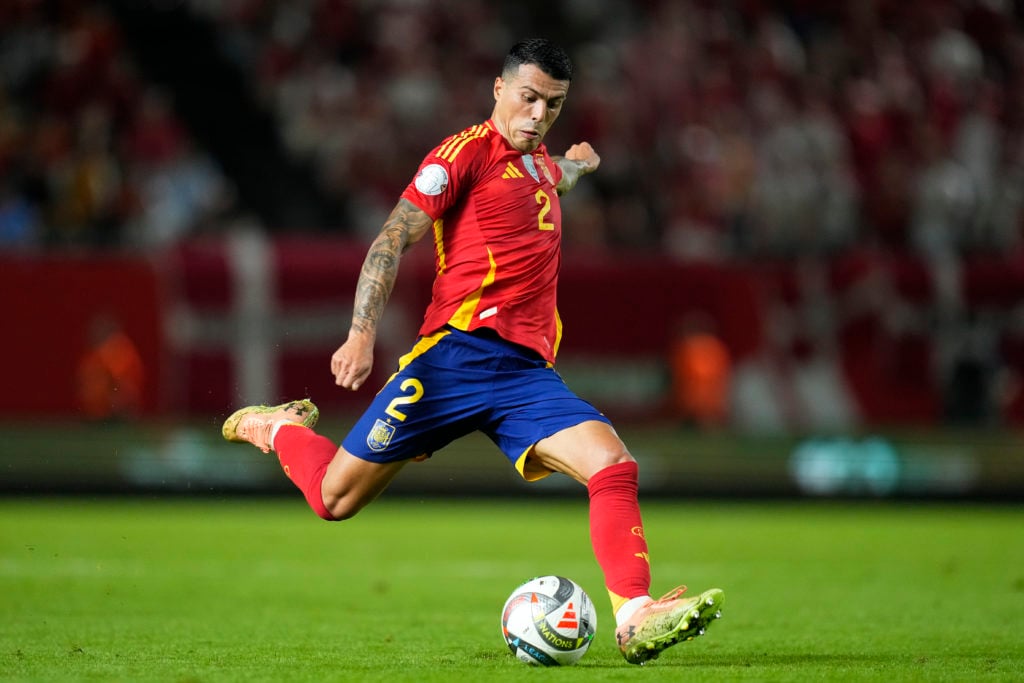 Pedro Porro right-back of Spain and Tottenham Hotspur during the UEFA Nations League 2024/25 League A Group A4 match between Spain and Denmark at N...