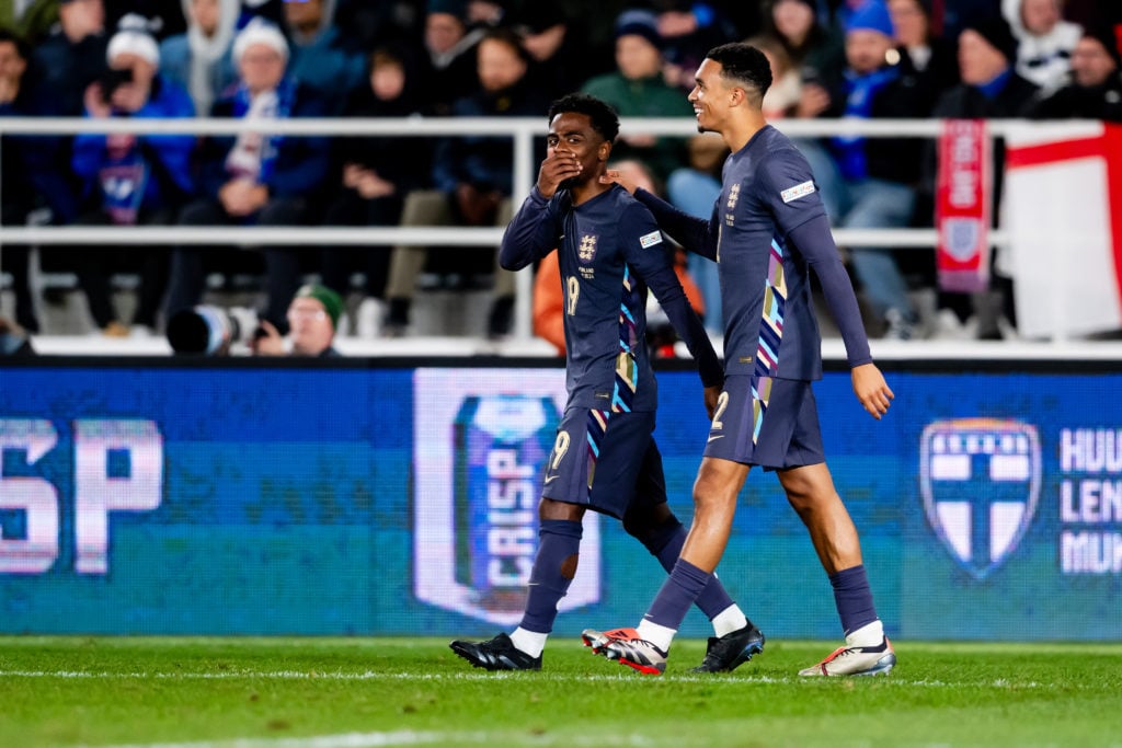 Trent Alexander Arnold of England celebrates 0-2 with Angel Gomes of England  during the  UEFA Nations league match between Finland  v England at t...