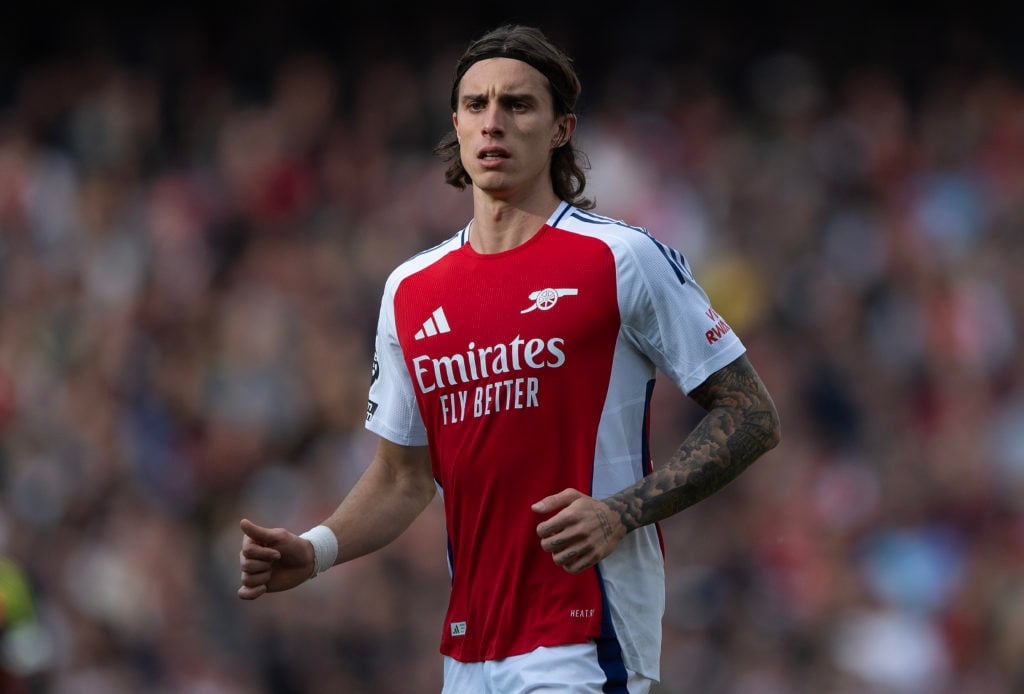 Riccardo Calafiori of Arsenal during the Premier League match between Arsenal FC and Southampton FC at Emirates Stadium on October 05, 2024 in London...